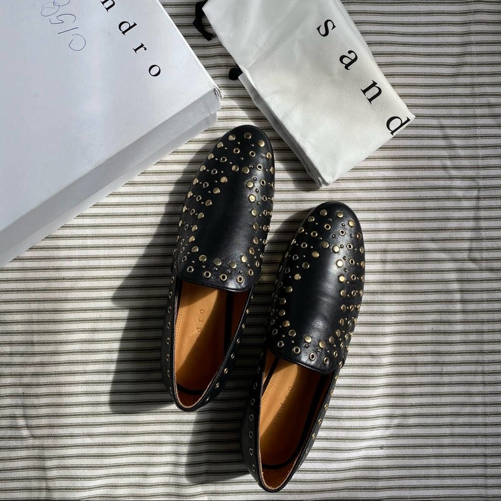 Sandro Studded Bary Leather Black Loafers Size 38 - Picture 5 of 8